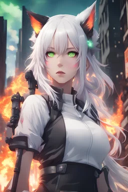 anime girl with cat ears and white hair, green eyes, in a city with fire visuals, weapons