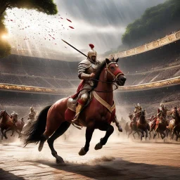 But wait. A new idea forms. In ancient Rome, a grand carousel of gladiators and gladiatrix spins under the sun in the arena. As rain falls, men and women ride beasts and fantastic animals in a hypnotic rhythm, creating a mesmerizing scene of ancient valor and beauty. The clash of swords, the thunder of hooves, the swirling colors paint a living tapestry of Roman legend that captivates all who witness it.