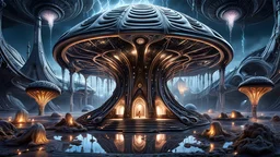 luxurious campsite in an alien landscape, Liquid Structure, Flying Petals, Sparks, Lightning, Splash, H.R. Giger, Portrait Photography, Fantasy Background, Intricate Patterns, Ultra Detailed, Luminous, Radiance, Ultra Realism, Complex Details, Intricate Details, 16k, HDR, High Quality, Trending On Artstation, Sharp Focus, Studio Photo, Intricate Details, Highly Detailed, By Greg Rutkowski, peach and cyan hour