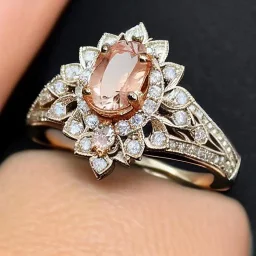 diamond and morganite ring, art noveau, filigree, floral, breathtaking, highly ornate, delicate, intricate, photorealistic, high fashion, fine jewellery, luxury, designer