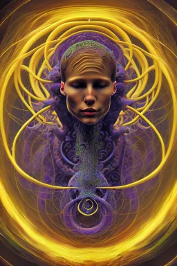 Spiritual being with Tentacles over human Head creating reality around, wrapping Spiral around Human, Psychedelic