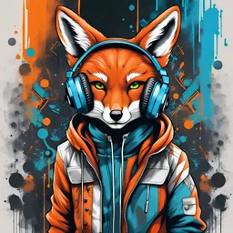 Illustrative sketch of a humanoid fox in music with headphones, full body, ultra quality, hyper detailed, graffiti, concept art, maximalism, 8k