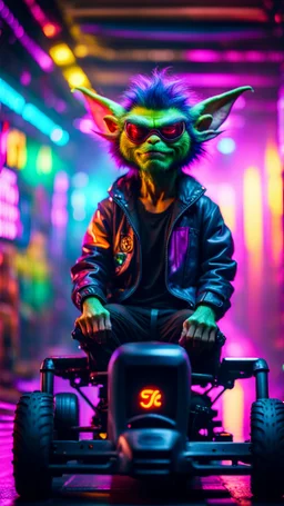 flipped spray paint portrait of Hairy Gremlin pimp ninja yoga cyber punk in flying hipster tractor parked in dark neon lit reflective misty wet arcade hall tunnel,bokeh like f/0.8, tilt-shift lens 8k, high detail, smooth render, down-light, unreal engine, prize winning