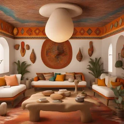 A whimsical and vibrant Nubian-style rustic office room fully equipped featuring white cave rocks as decor. The room showcases colorful artistic Nubian furniture, intricate patterns, and designs under warm lighting. Cozy seating arrangements invite you in, creating a visually stunning and culturally rich aesthetic. With a playful and eclectic atmosphere, mixing textures and colors, the room exudes an epic realism in cinematic 8K quality.