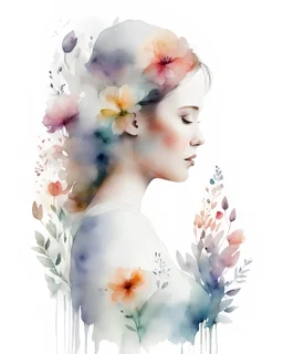 white background, double exposure, portrait, watercolor, fine drawing, Pregnancy, flowers,