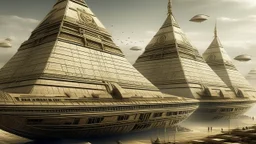 Pyramids on top of airships designed in Egyptian hieroglyphics