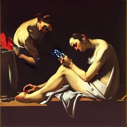 depressed woman typing at a smartphone laying on the floor of a dark bedroom, by caravaggio