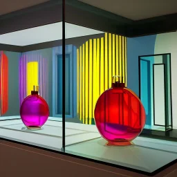 an architectural model of a colorful glass gondola on display in a contemporary art gallery in a bell jar, caustics reflections, symmetrical, pointed arches, frosted glass, muted fall colors, glossy from rain, rayonnant style, highly detailed, photographed by Andreas Gursky, uncanny, beautiful, bokeh, studio lighting, light box, dramatic lighting