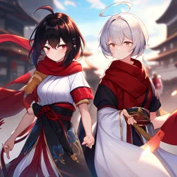 Clear Focus, High resolution, white fluffy short hair with one red streak in hair, ahoge, wearing a red black and golden scarf, short sleeve is white and a slight hint of red, top half of body is a samurai outfit, one side is white and other is black and red, sleeve 2 is black but the at the end its a wavy gold, wearing a black short skirt,