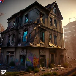 crack house, run down, graffiti, vandalized, day time, destroyed buildings , unity, scriptable render pipeline , lighting , volumetric , global illumination, skybox , foggy .