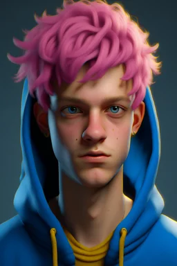 a young man with messy pink hair, gold eyes, wearing a blue hoodie. realistic animated