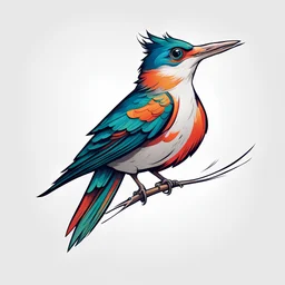 The picture is a minimalist drawing, on a pure white background. using vivid colors. On a white background for the tattoo. Peeping cuckoo with an open beak and tilted head, with a long tail.