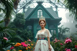 Victorian green open house overtaken by jungle, exotic birds nesting in iron rafters, morning mist, lost paradise atmosphere,a pretty model lady as queen walking in flowers to camera that capture closeup full body shot of her majesty.