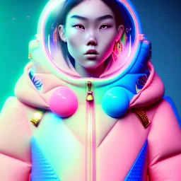 asian woman teenager, few freckles, gold teeth, padded coat, bubbles floating, retro futuristic, latex dress, gradient color, BLUE, PINK, CYAN, neon, insanely detailed, 16k resolution, perfect eyes, cinematic smooth, intricate detail