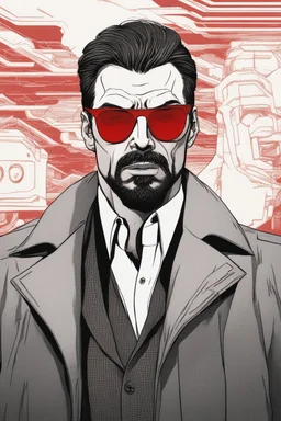 a young man with big muscles who looks like hans gruber wearing a heavy coat and red sunglasses staring with an irritated look on his face