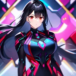 Clear focus, 8k, girl, high quality, detailed, black hair, red eyes, beautiful lighting, vibrant colors, mech outfit