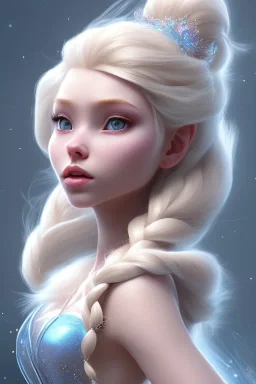 20 year old girl, cute, beautiful, blonde hair, Elsa hair, blue eyes, big eyes, pale skin, blue dress, ice dress, long eyelashes, pink lipstick, thin lips, small nose, 8k resolution concept art portrait by Greg Rutkowski