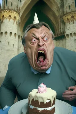 ugly viktor orban being afraid eating cake in a castle