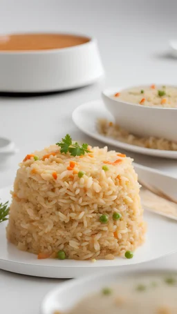 Fried rice compressed into a cake-shaped in white flat dish on top of the table in the white modern kitchen