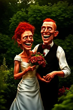 aPrompt : a hyperrealistic color photograph close up portrait of an ugly the bride and groom with deformed teeth that smile in a garden. goofy, happiness, joy, silly, deformed nose, giddy, broken teeth, missing teeth, abnormal eyes, big eyes, red-haired . Generator : Mage.space Model : SDXL 1.0 goblin mage inspecting a relic, art by Beatrix Potter