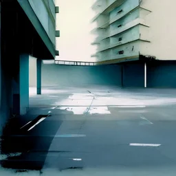 Minimal abstract oil painting in a desolate 1960s carpark concrete fragments and road markings. Broken pipes. Blurry outlines. In the style of Justin Mortimer and Francis Bacon.