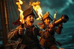 master oil painting, bad ass teen age nerd swashbuckler pirates fighting with torches and cannons in the night screaming like crazy in the style of Fallout 4 , bokeh like f/0.8, tilt-shift lens 8k, high detail, smooth render, down-light, unreal engine, prize winning