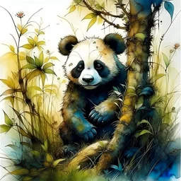 Colourfull wiht light,Watercolor and ink illustration of a big panda cub clinging to a gnarled oak tree branch by Guymick Cormic, reclining amidst tall grass and ferns, surrounded by dense, leafy foliage and wildflowers bathed in the amber glow of sunrise, featuring Brian Froud's fantastical influences combined with the dramatic, fluid styles of Carne Griffiths and Alberto Seveso, 60-30-10 colour harmony evident, mystical symbols interwoven, vibrant splashes.
