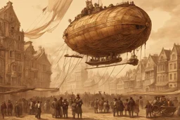 steampunk airship with a large gondolier with people, landing in a city