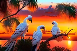 cockatoos, tropical paradise island, sunset