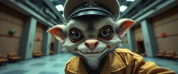 anime, airbrush and pen outline, french art , extreme close up on cheeky fluffy weasel hairy goblin military prison guard news anchor elf family scumbag in the style of Escher and Giger and Fallout 4, pinhole cam, airbrush 3d rendering, on tv screen:A five-second cinematic single take in a clean industrial presentation hall.