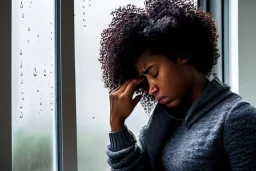 Crying girl, sad, expressive, emotive, frowning, furrowed eyebrows, pouting lips, African American, curly hair, looking out rainy window,