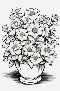 outline art of flowers in basketonly black and white, no colour , White background. sketch style, clean line art, white background, no shadow and clear, no people, no colour, for book