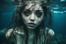 Underwater, closeup Siren girl with big eyes, ragged clothes, fullbody, his skin translucent, black veins, 8k,macro photography,