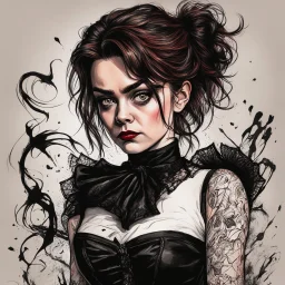 create a wild caricature of Maisie Williams as a savage, sullen, gothpunk vampire girl with highly detailed and refined facial features and hair, clothed in an ornate Gothic rags and fishnet stockings, in the caricature cartoon style of Gerald Scarfe and Ralph Steadman, precisely drawn, boldly inked, vividly colored, 4k