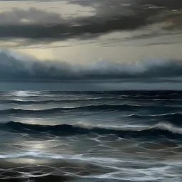 seascape with flat sea under dark sky just starting to lighten, painted and detailed