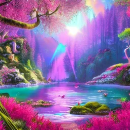 bright enchanted forest, blue lake,delicate flowers, pink tree, Swarosvsky crystals, cascades, full of details, smooth, bright sunshine，soft light atmosphere, light effect，vaporwave colorful, fantasy art, smooth, extremely sharp detail, finely tuned detail, ultra high definition, 8 k, unreal engine 5, ultra sharp focus