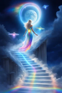 fantastic,Beautiful woman, stairway to heaven whit rainbow, ufos arc en ciel futuriste très beau