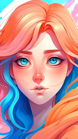 Create an anime portrait of a character with vibrant, flowing hair and expressive eyes, set against a pastel background.