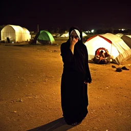 A Palestinian woman wearing the Palestinian dress carries her dead son as she screams and cries at night, with explosions in refugee tents behind her.