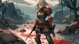 Anime girl in destroyed combat armor in floating lands and blood river from aether