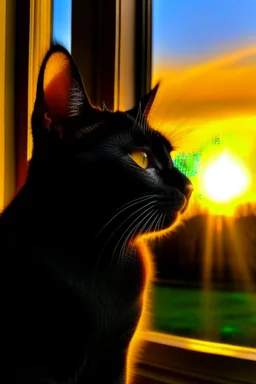 A black cat staring at the Sun rise