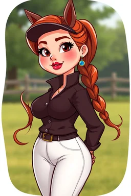 In a realistic, non-anime, cartoon style like: body shot of 40-year old chubby redhead with thick red lips and smoky eyes with long lashes who looks a lot like Jewel DeNyle. She is wearing equestrian attire with tight white pants.