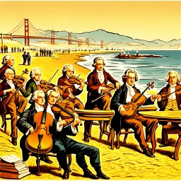 Ludwig van Beethoven, Johannes Brahms, Wolfgang Amadeus Mozart, Antonin Dubzek and Johann Sebastian Bach stand on the boardwalk on the beach in San Francisco and play violins in front of children, men and women who sit on the floor and listen to them,