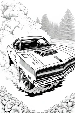 outline art for an adults coloring page, 1969 Dodge Charger R/T in a drag racing stance, smoke billowing from the tires , white background,detailed sketch style,no color , only use outline, clean art , white background, no shadows and clear well outlined,