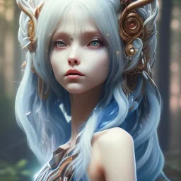 Abstract portrait of a cute forest monster with long, curled, white hair and blue eyes. She has rough copper skin with yakuza tatu, atmospheric, realistic, unreal engine cosmic galactic, cinematic lighting, octane render, random colors, transparent, cosmic ambiance, masterpiece, art by Yoji Shinkawa, composing fit inside, masterpiece