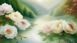 Create a tranquil landscape with a wide river flowing through winding mountains. Picture lush trees along the riverbanks, misty mountains in the distance, and a quaint village nestled at the foothills. Incorporate a stone bridge over the river, with the morning sun casting a warm glow. Add a few drifting clouds and birds in the sky for a serene touch. Capture the essence of peaceful coexistence between nature and human settlement with subtle and vibrant brushstrokes.