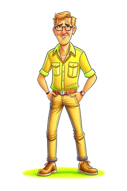 Illustration of a realistic teacher, caricature, glasses, Harrison Ford style, cute in shorts, jeans, brown shoes