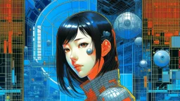 An illustration by Kuniyoshi and Monet of a tech-girl inside a futuristic matrix-grid.