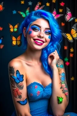 A very beautiful girl wearing nude makeup, smiling, with blue hair and flowers, wearing a dress of butterflies hd