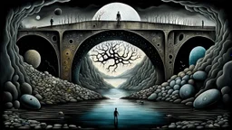 painted inner world with uncontrolled mind and neurodivergens soul, floating rocks over surreal cracked weird landscape . between two dark door one stone bridge over black river, . deep dark colors. Whimsical strange style of Chagall, of Quentin Blake, andYoshitaka Amano of Anton Semenov. some black human creature sitting , flotaing, walking in picture, weird absurd beauty nightmare, black shadow, in background neuronic network, surreal vibe,